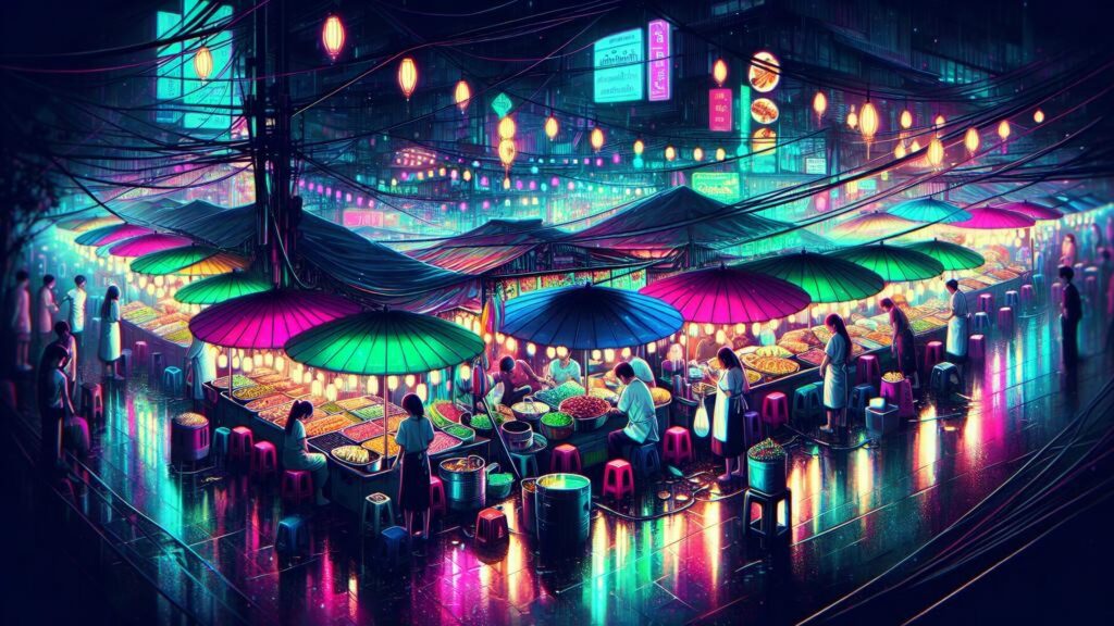 Flat,Design,Vector style,Image,Of,Thai,Food,Market,At,Night