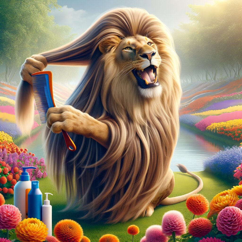 Laughing,Lion,With,Long,Straight,Fur,,Holding,A,Comb,And