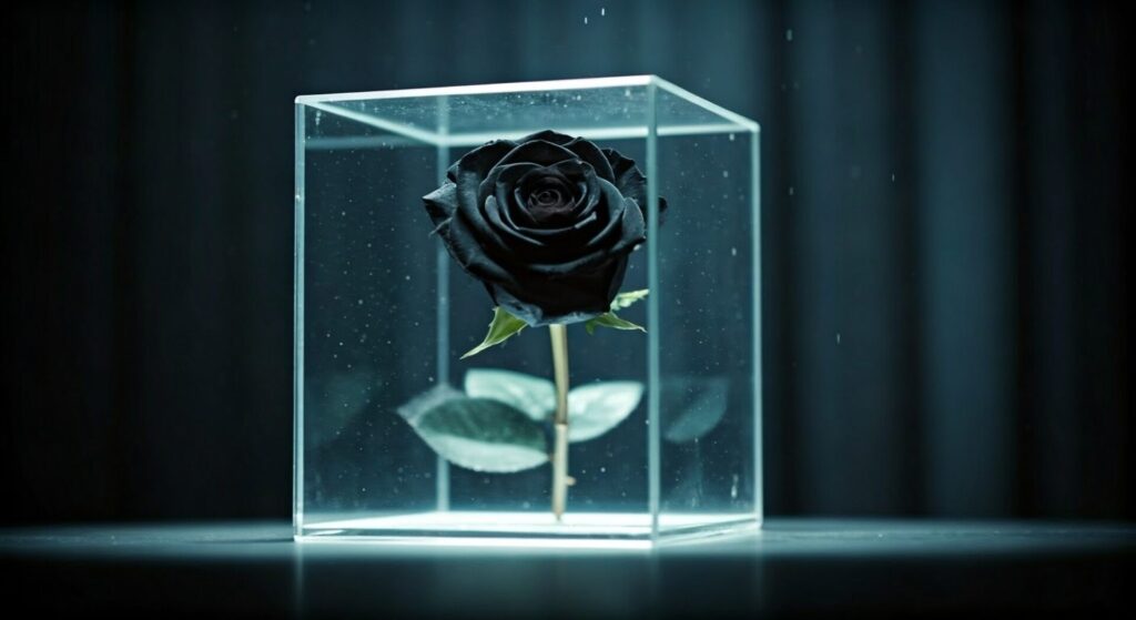 Cinematic,Scene, ,Black,Rose,Falling,Slowy,,Inside,Glass,Cube.