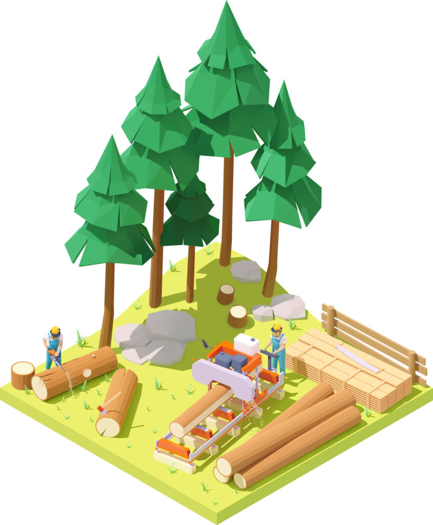 Vector,Isometric,Portable,Sawmill,In,Forest.,Man,Or,Woodcutter,Cutting