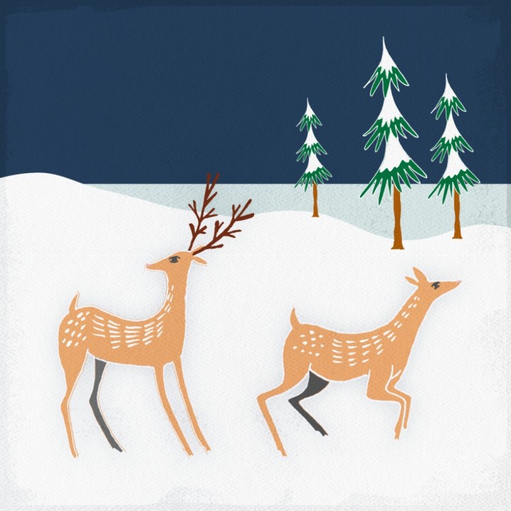Gingerbread clip art including two reindeer running through the snow with pine trees in the background