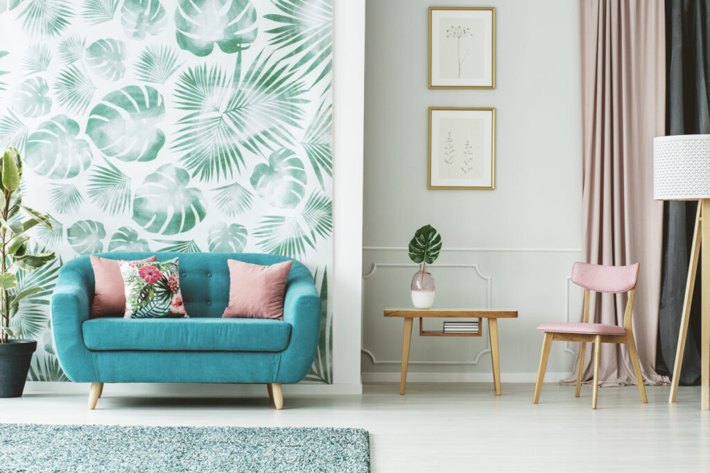 Cozy,Turquoise,Couch,,Wooden,Table,And,Chair,In,A,White