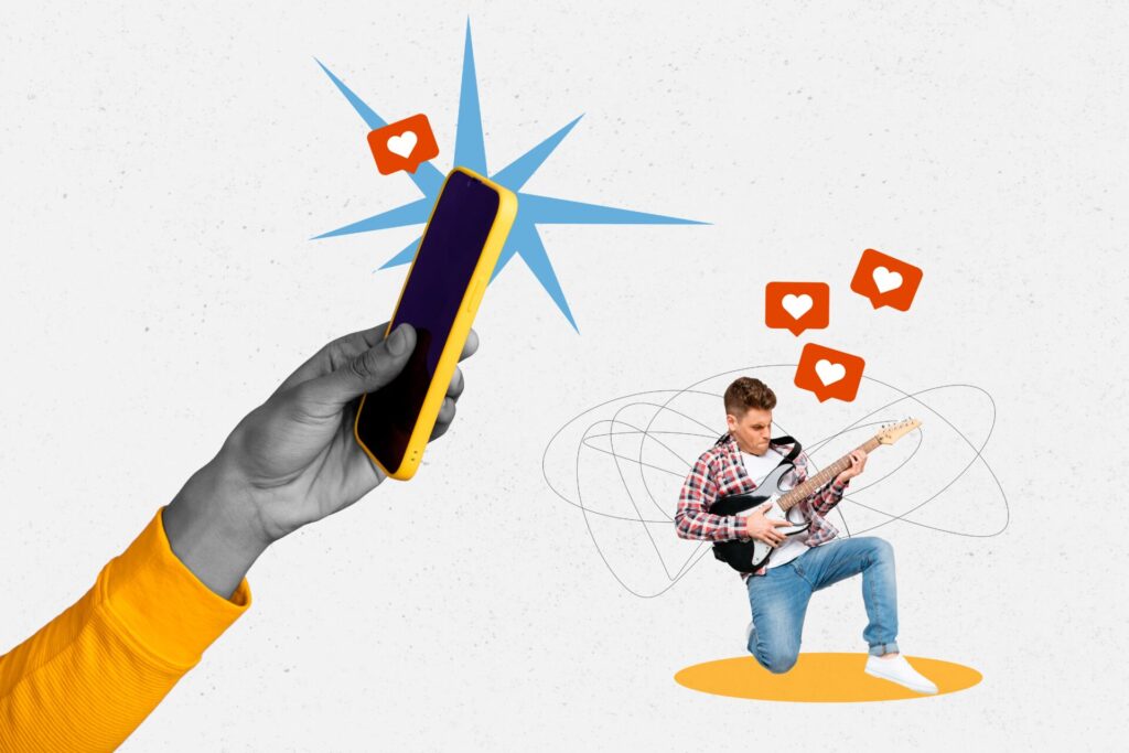 Creative,Collage,Of,Black,White,Colors,Arm,Hold,Smart,Phone